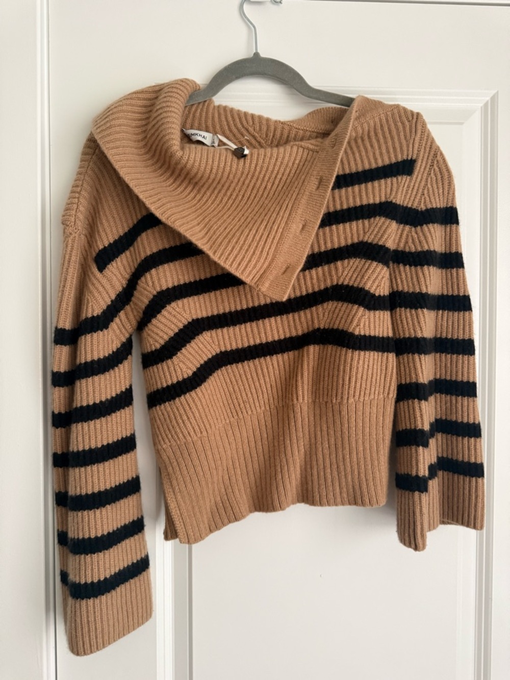 Off-the-Shoulder Camel and Black Striped Sweater